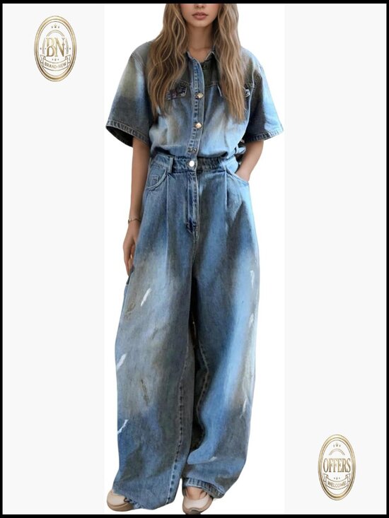 Pants - Denim Jumpsuit Short Sleeve Button Down Wide Leg Palazzo Pants Romper